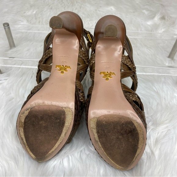 Prada Women's Brown Designer Braided Leather Strappy Luxury Heels IT 37.5 / US 7 - Picture 13 of 17
